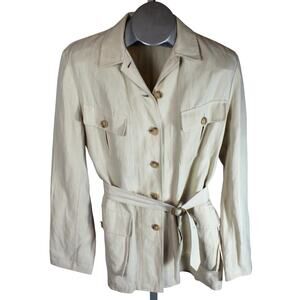 Lauren Ralph Linen Silk Utility Jacket Women Large Beige Button Front Pockets